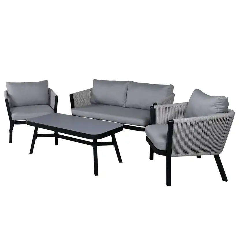 Virya Lounge set (3+2+1) BLACK alu / Grey rope / grey cushio Svart/Grå
