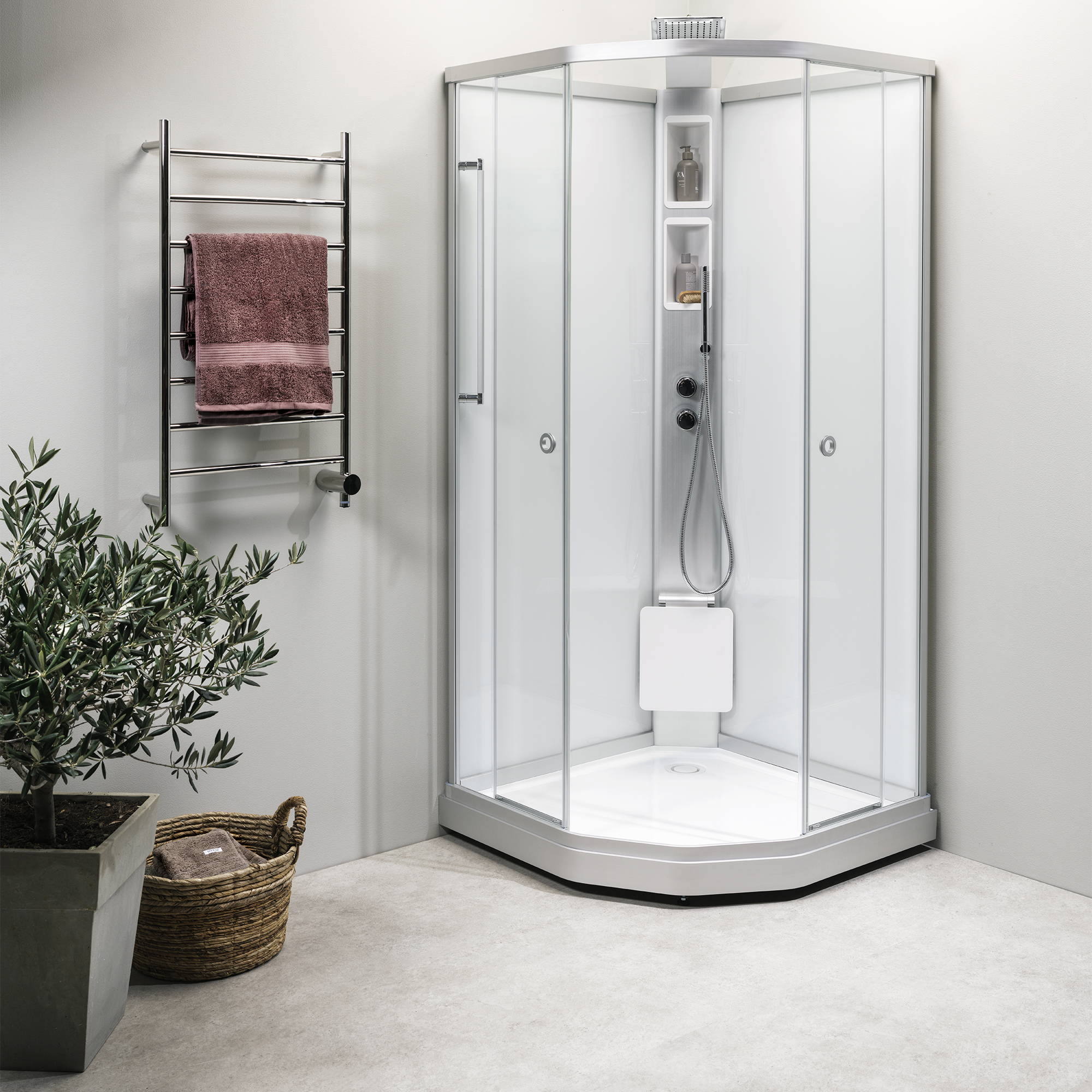 Flow kabin Semi Infälld Bland 91x81 Svart Klar/Vit bakvägg 910x810 mm, Svart Profil, Klarglas/Vit bakvägg