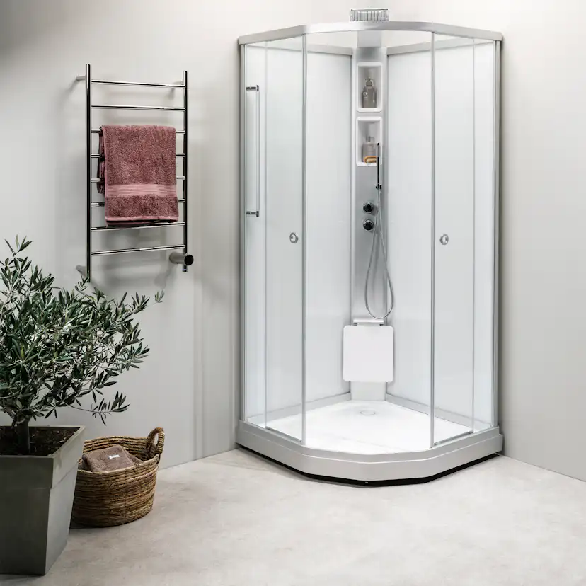 Flow kabin Semi Infälld Bland 91x81 Svart Klar/Vit bakvägg 910x810 mm, Svart Profil, Klarglas/Vit bakvägg