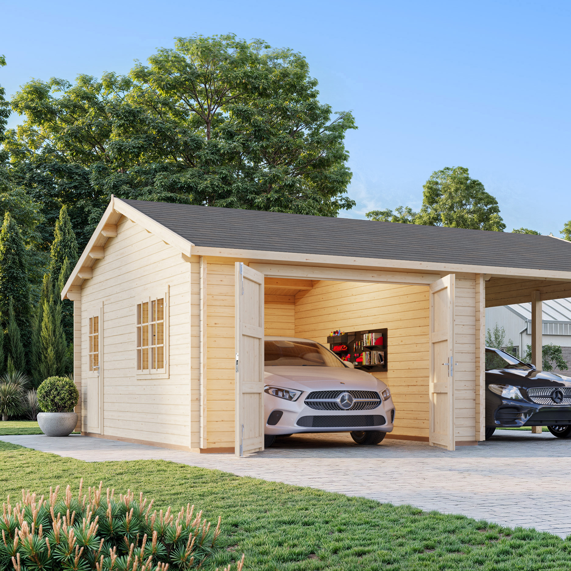 Roger 19,0+16,2 m2 with wooden gate PNT9016W2 Målad vit RAL9016