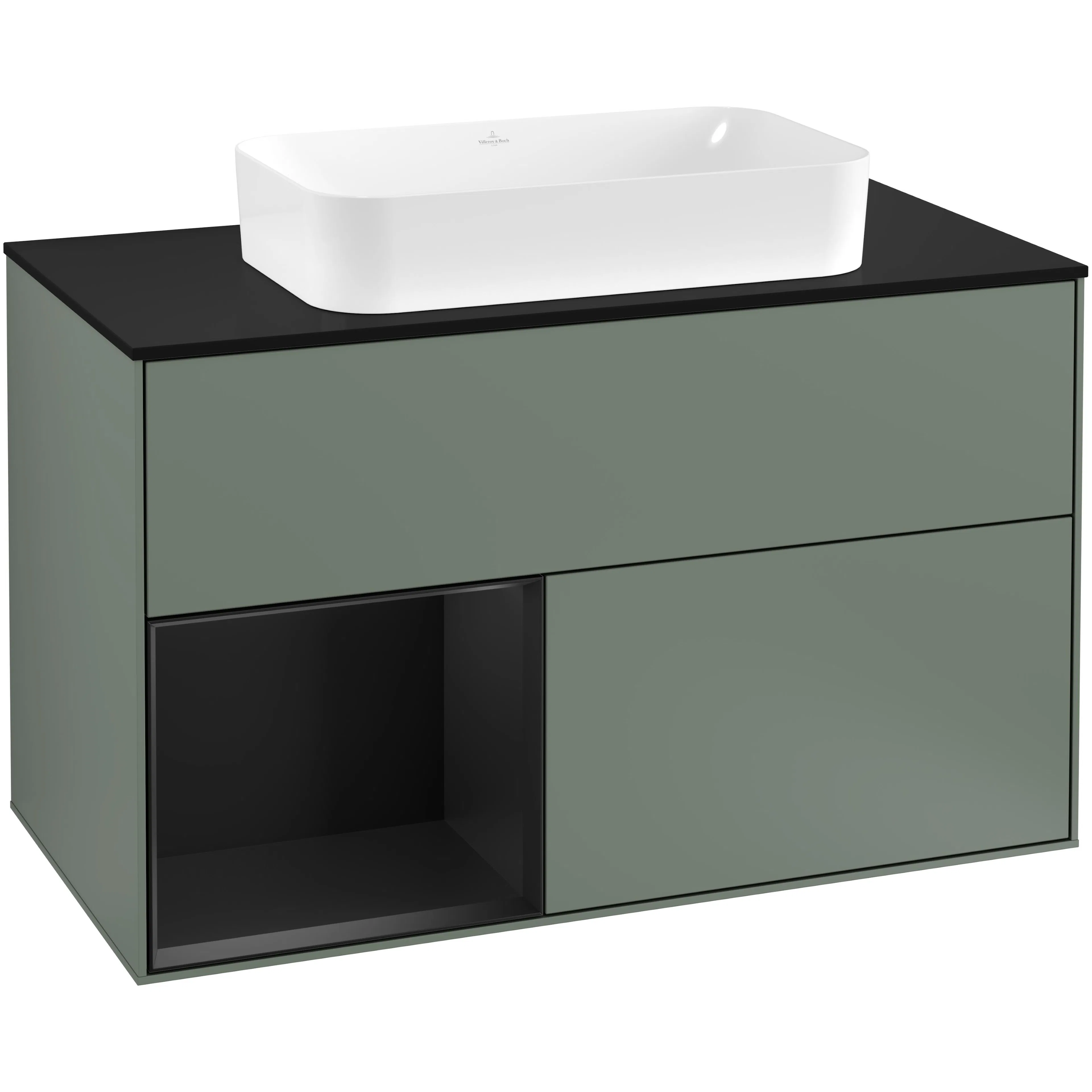 Tvättställsskåp Villeroy & Boch Finion G242PDGM Oliv Mattlack/Svart Mattlack med bänkskiva i Mattsvart glas med Väggbelysning, Lucka Vänster med Blandarhål
