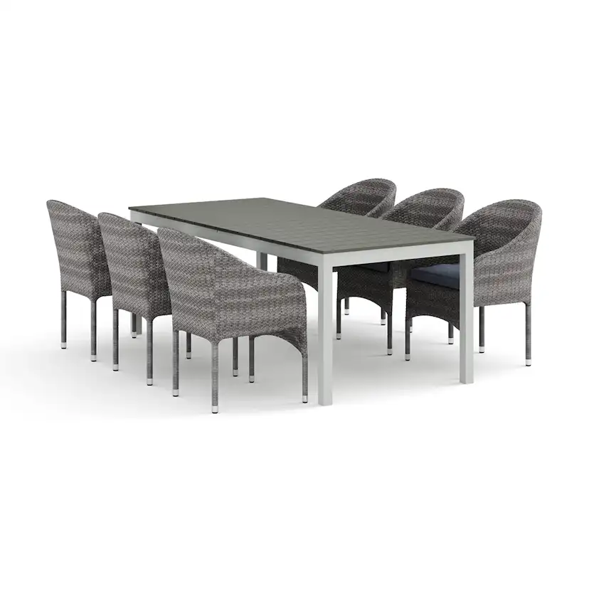 Trädgårdsgrupp Comfort Garden Tunis utomhus matgrupp förlängningsbart 205/305x90 cm med 6 Thor fåtöljer