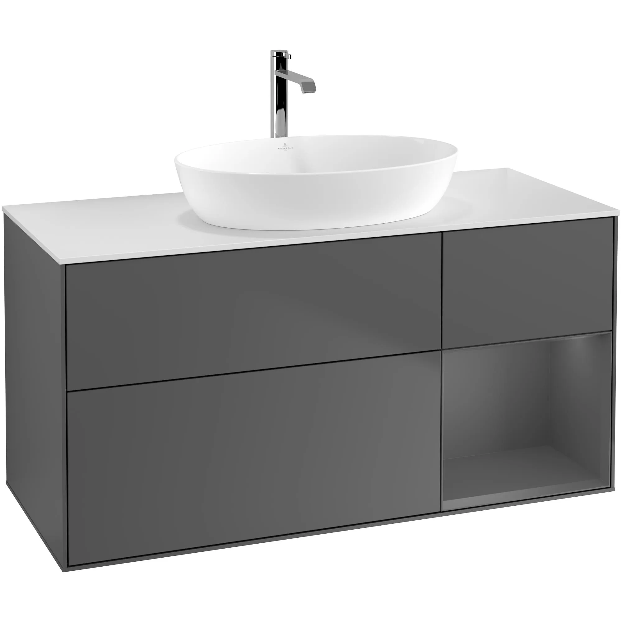 Tvättställsskåp Villeroy & Boch Finion G831GKGK Antracitgrå Mattlack/Antracitgrå Mattlack med bänkskiva i Mattvitt glas med Väggbelysning, Lucka Höger Med Blandarhål