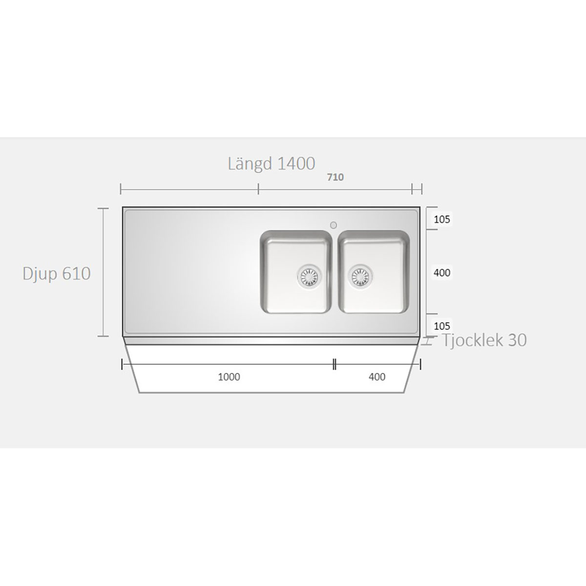 A1400 1400x610x30 Höger Höger, Bredd: 610 mm