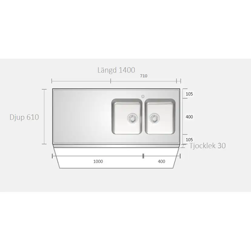 A1400 1400x610x30 Höger Höger, Bredd: 610 mm