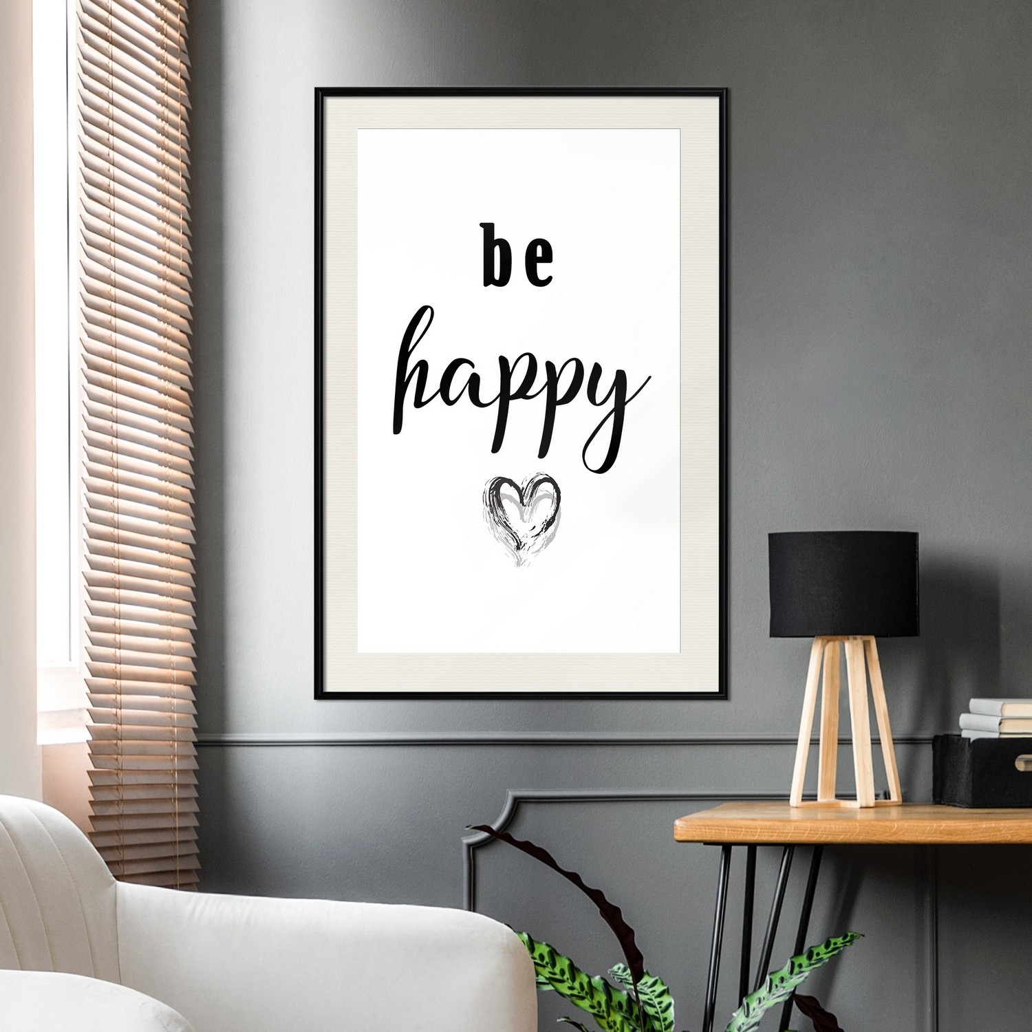 Affisch - Be Happy [Poster] 30x45 Svart ram med passepartout, 30x45 cm