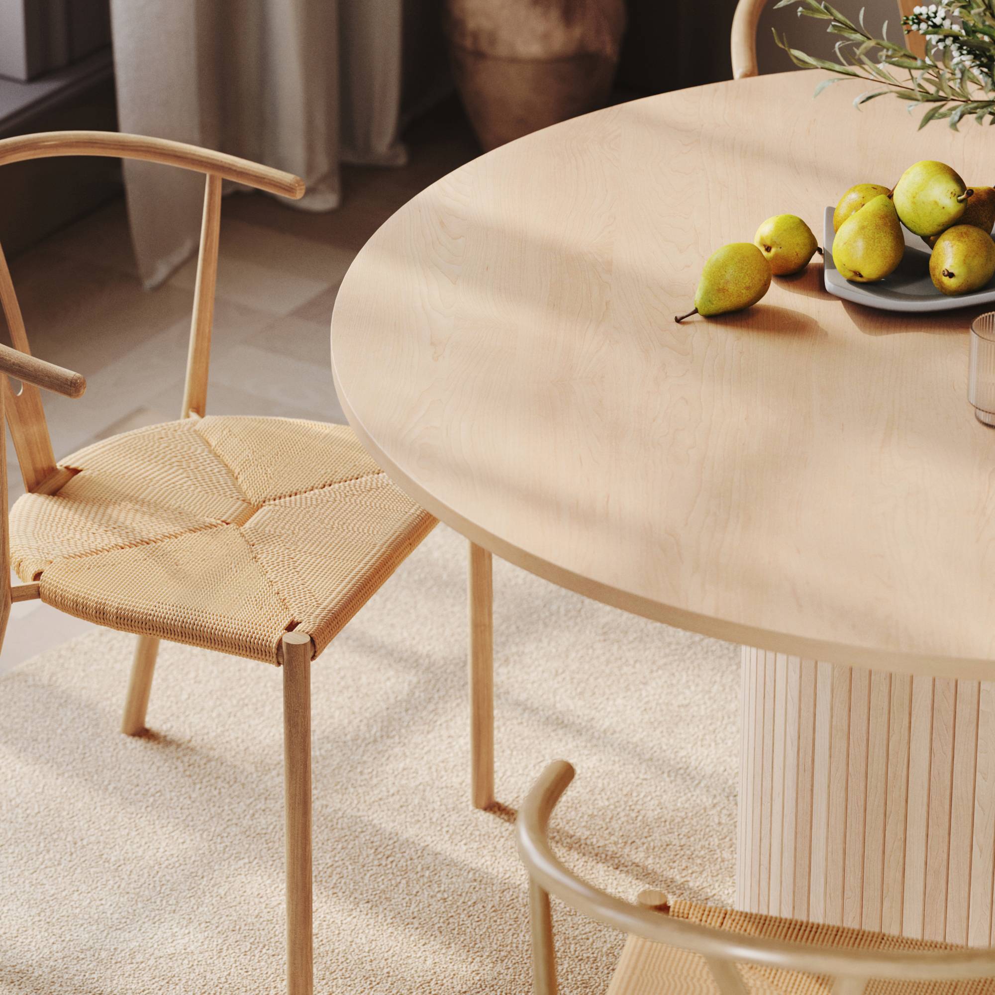 Matgrupp Bark Kopparbo Runt Matbord 130 cm med 4 Matstol Elysia Brun