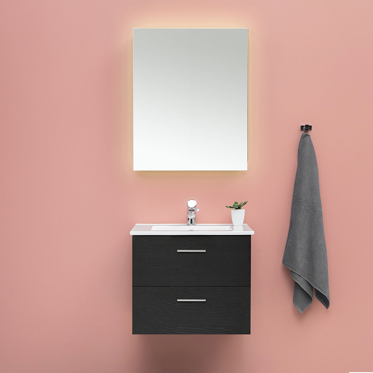 Möbelpaket 4AQUA Slim Svart Ek 60 med Lådor och Spegel Luna LED