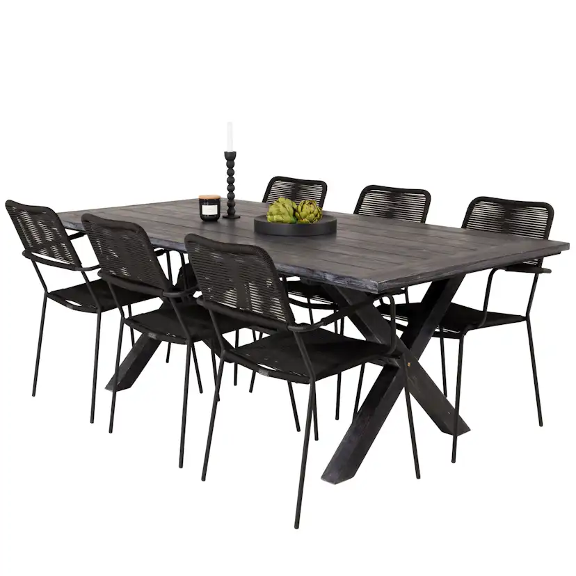 Rives Dining Table 200*100cm - Black Acacia+Lindos Armchair Svart/Svart