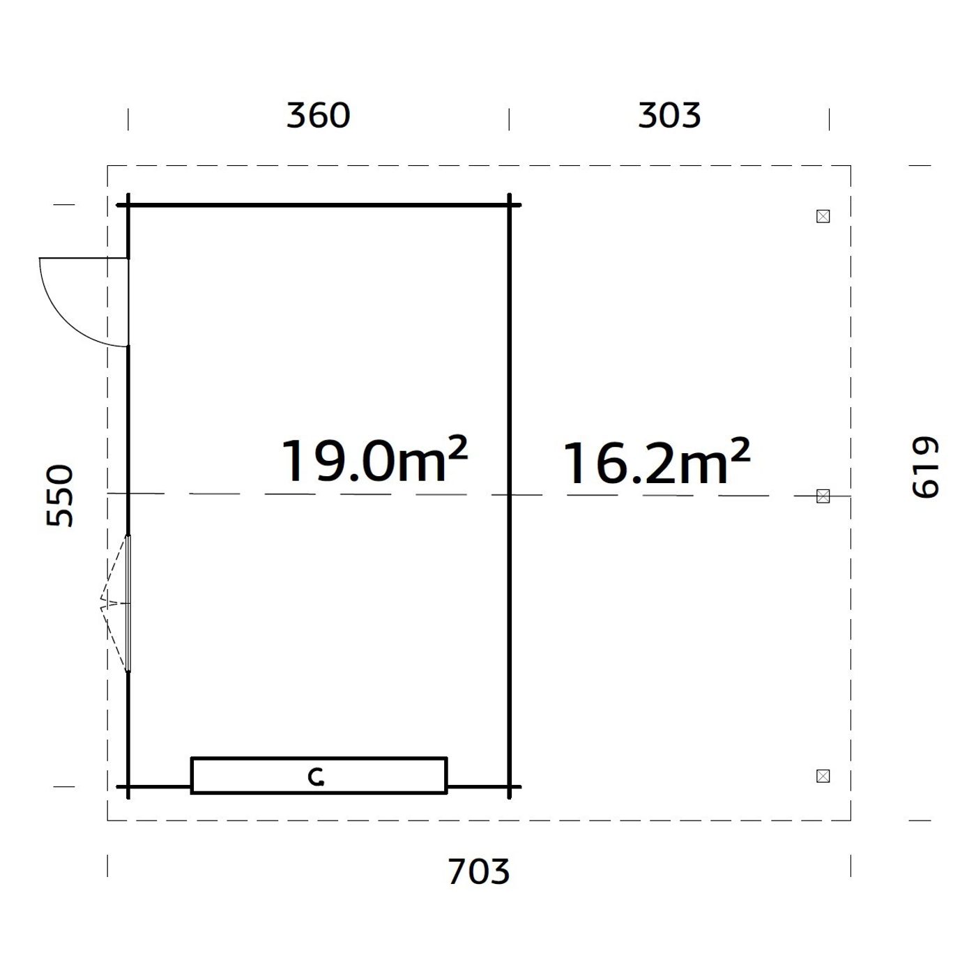 Roger 19,0+16,2 m2 with sectional door GYDIP Impregnerad grå