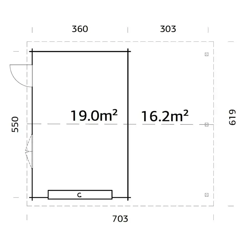 Roger 19,0+16,2 m2 with sectional door GYDIP Impregnerad grå