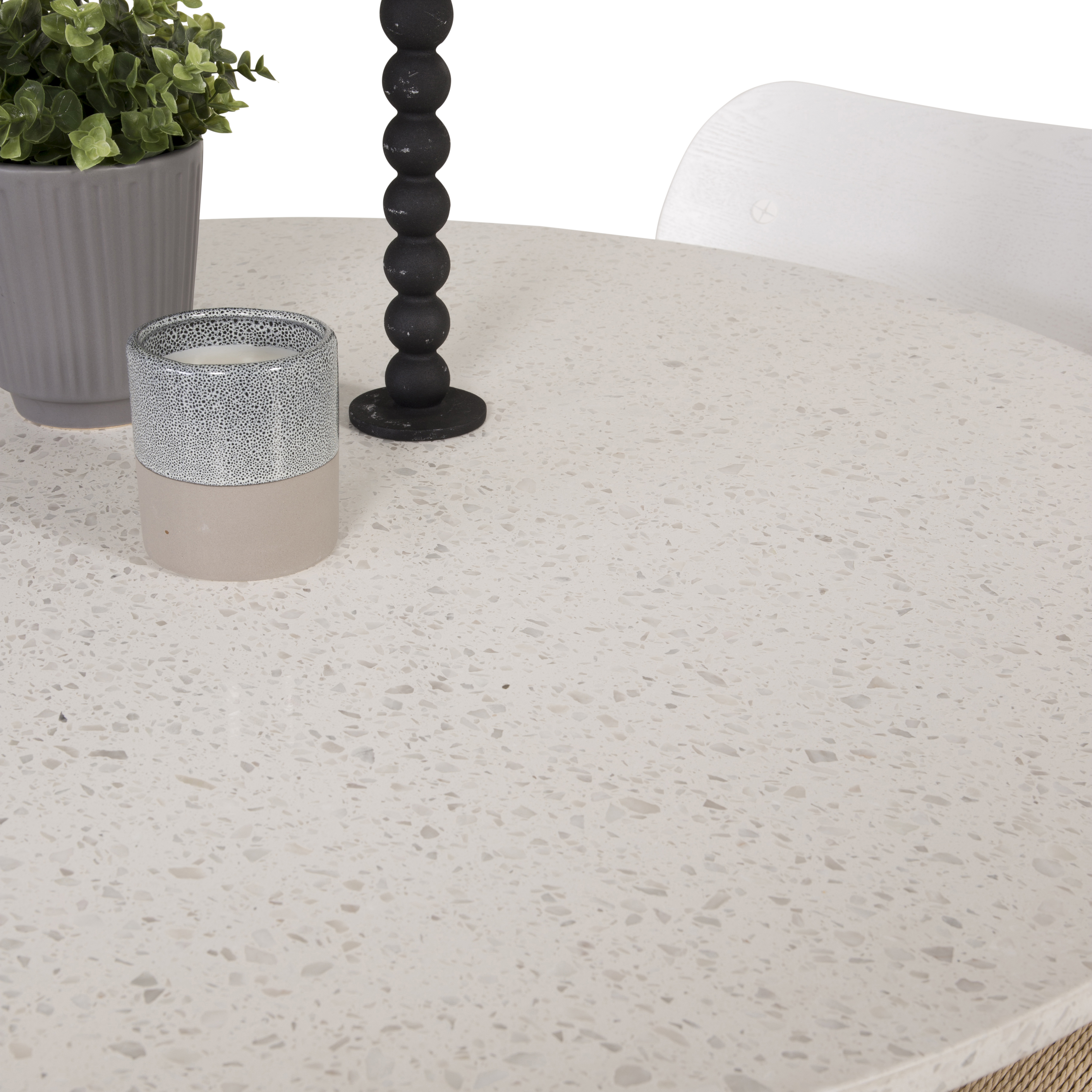 RazziaBord106cm-VitTerazzo/Black+PollyStol-Vit/Nature4 Vit Bord med Svarta Ben, Beige Stol med Vita Ben