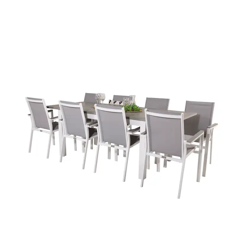 Albany Bord160/240*100-vit/Grå+Pa stol-vit/Grå Grå 8 Grå Bord med Vita Ben, Grå Stol med Vita Ben