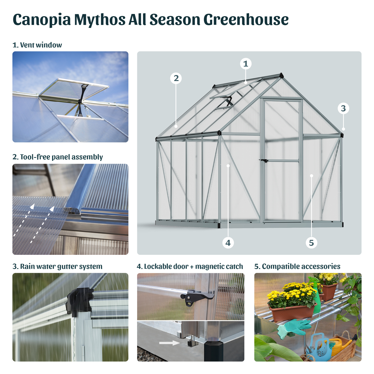 Växthus Canopia by Palram Mythos Aluminiumram med UV-Skyddad Polykarbonat & Ventilationsfönster, 7,9 m²