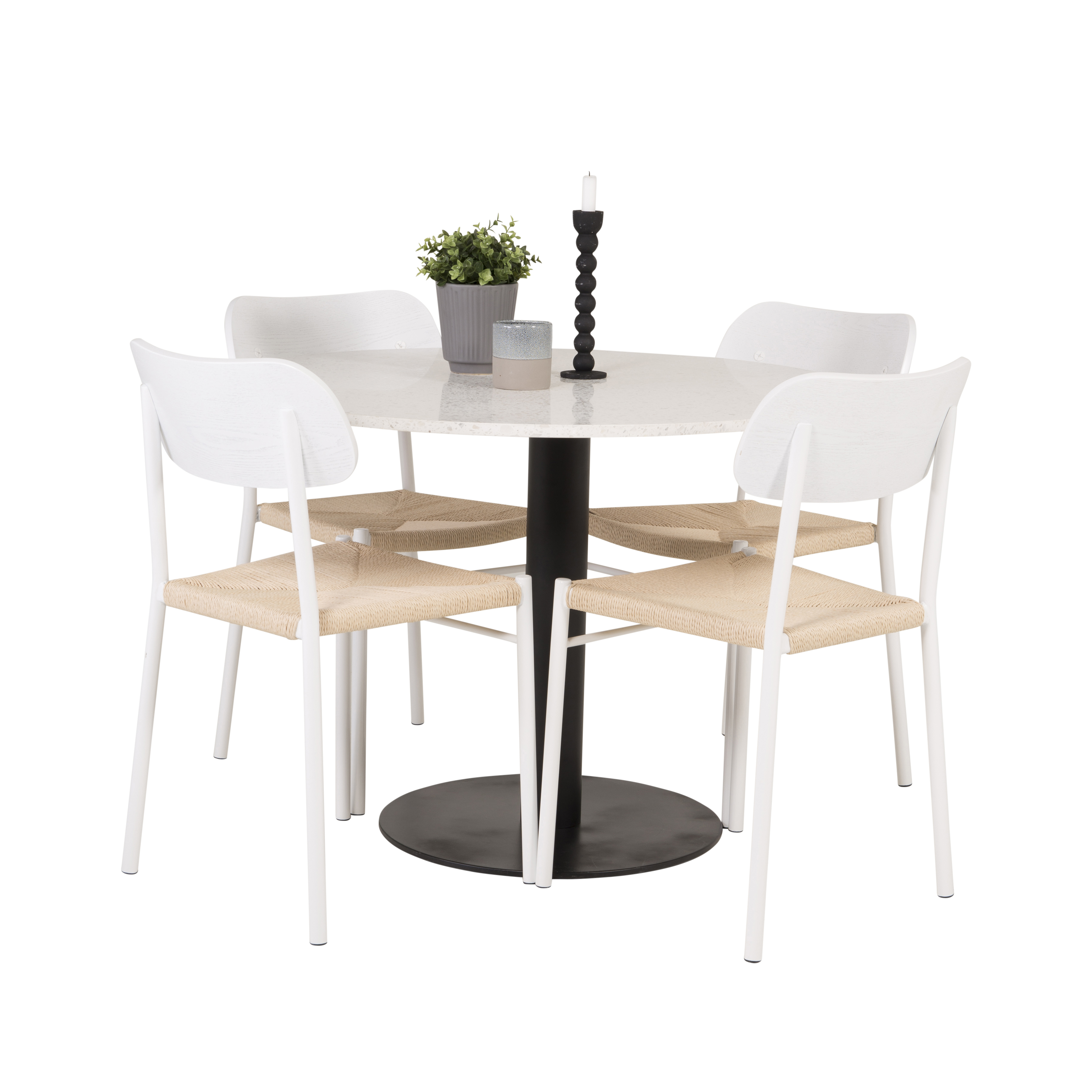 RazziaBord106cm-VitTerazzo/Black+PollyStol-Vit/Nature4 Vit Bord med Svarta Ben, Beige Stol med Vita Ben