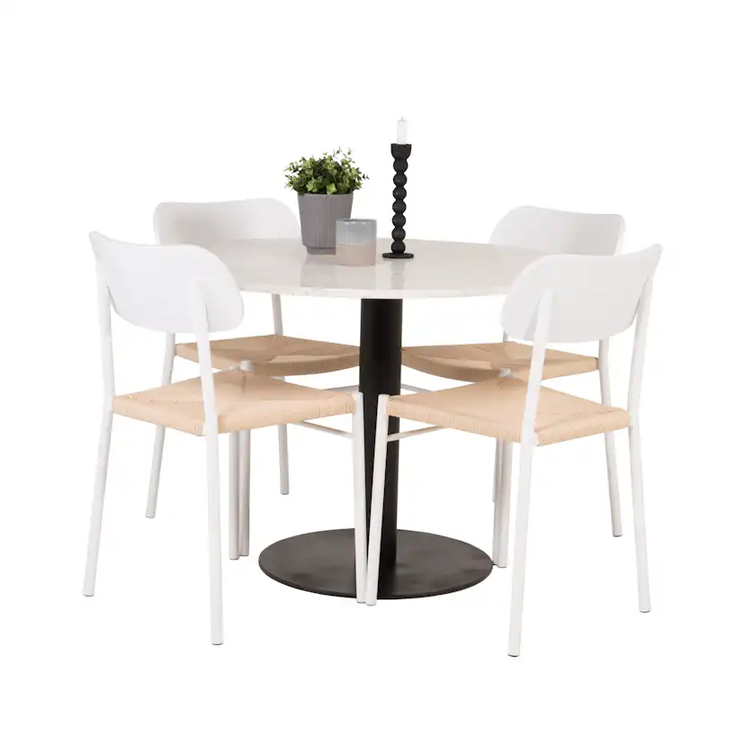 RazziaBord106cm-VitTerazzo/Black+PollyStol-Vit/Nature4 Vit Bord med Svarta Ben, Beige Stol med Vita Ben