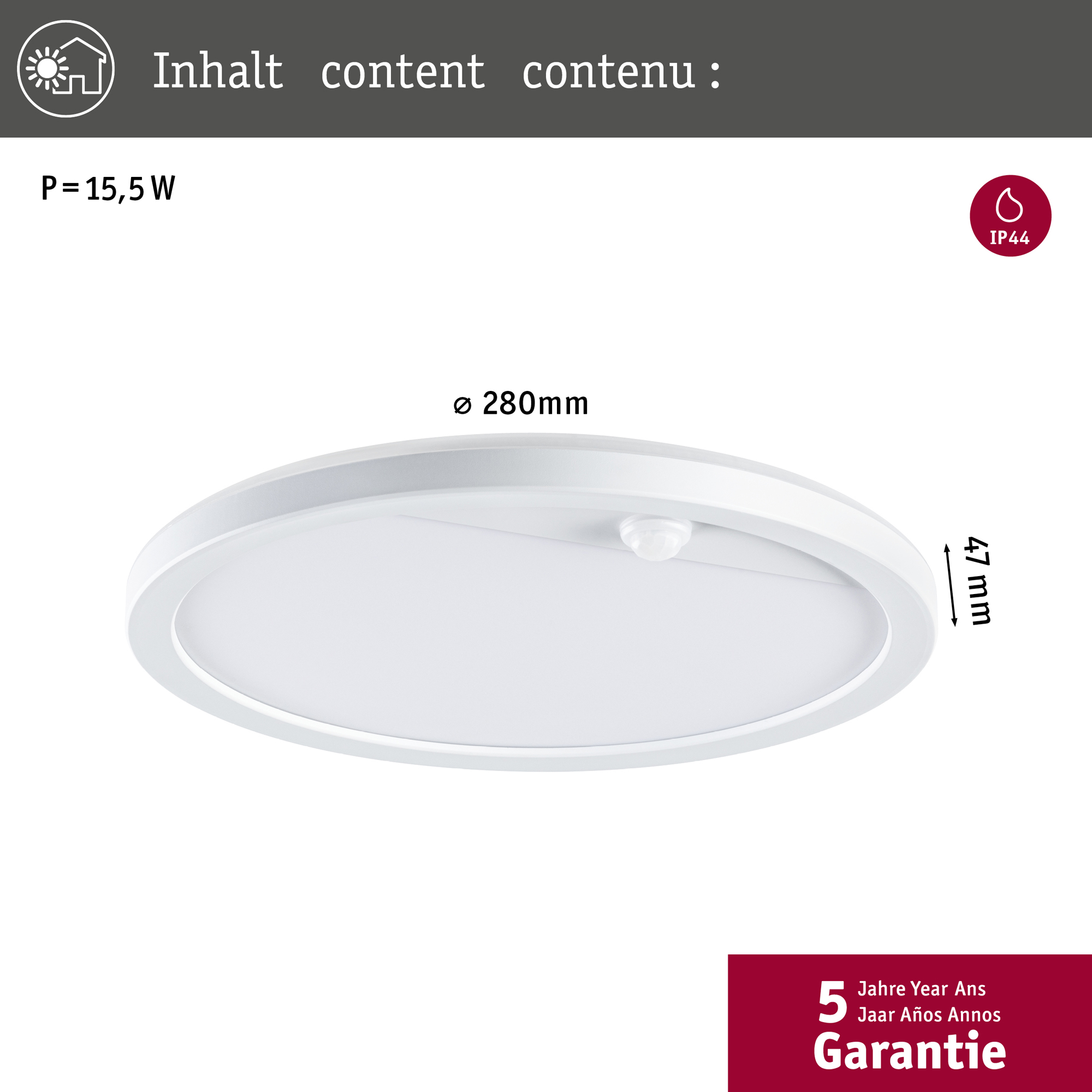Fasad/Tak-belysning Paulmann Lamina Rund med Skymningsstyrd rörelsedetektor IP44 230V