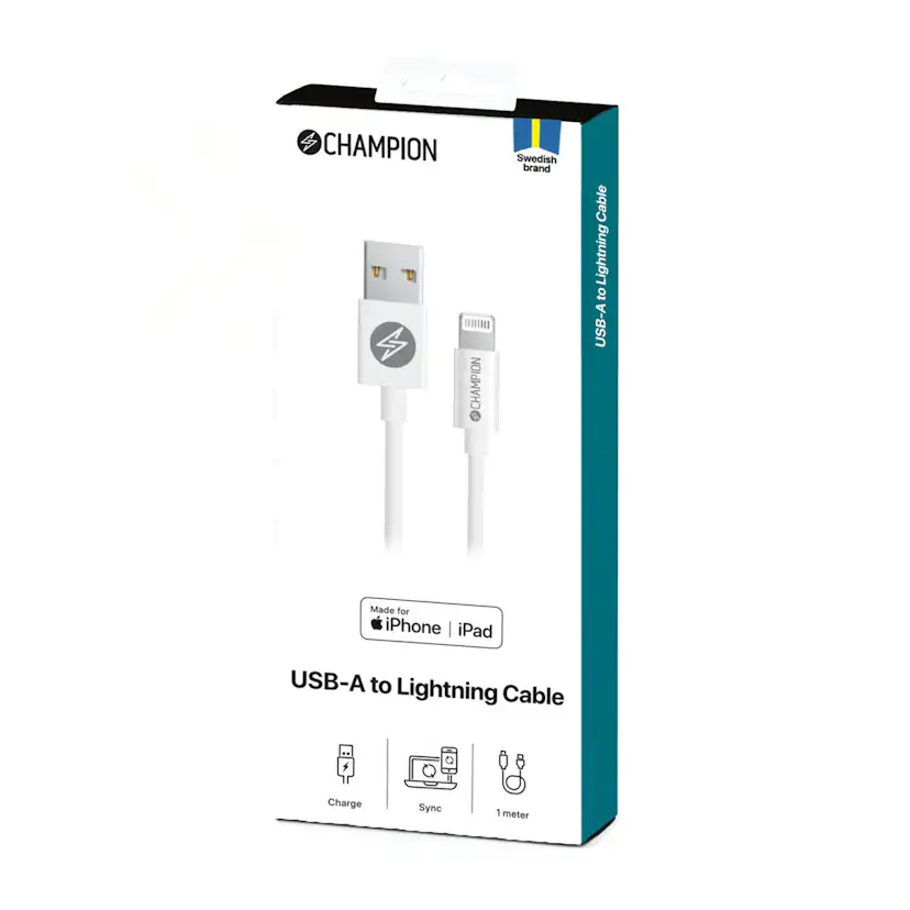 USB-A Champion till Lightning Kabel 1m Vit