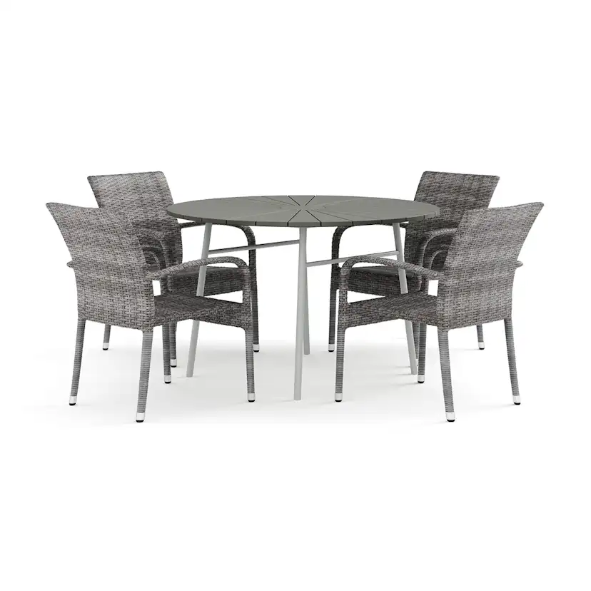 Trädgårdsgrupp Comfort Garden Tunis utomhus rund matgrupp 120 cm med 4 Thor Light Trädgårdsfåtölj