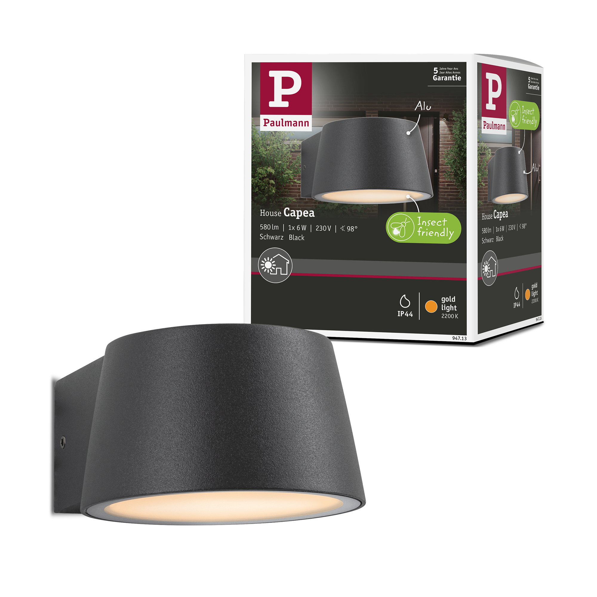 Fasadbelysning LED Paulmann Capea IP44 230V Design: utan Skymningsstyrd Rörelsedetektor, Ljus: Gold Light (insektsvänlig)