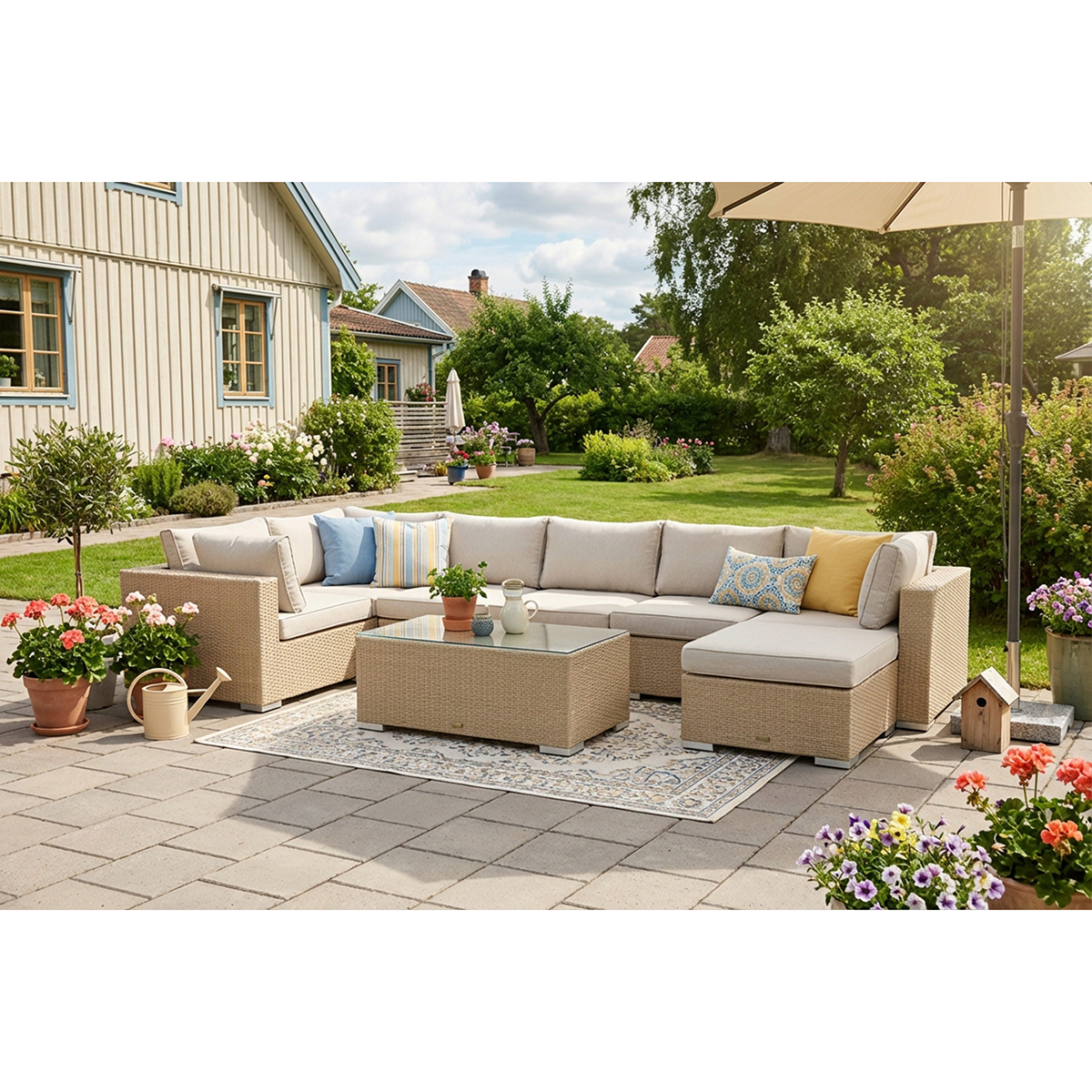 Loungegrupp Comfort Garden Bahamas U-formad utomhus loungegrupp 7-sits med vändbar divan och bord