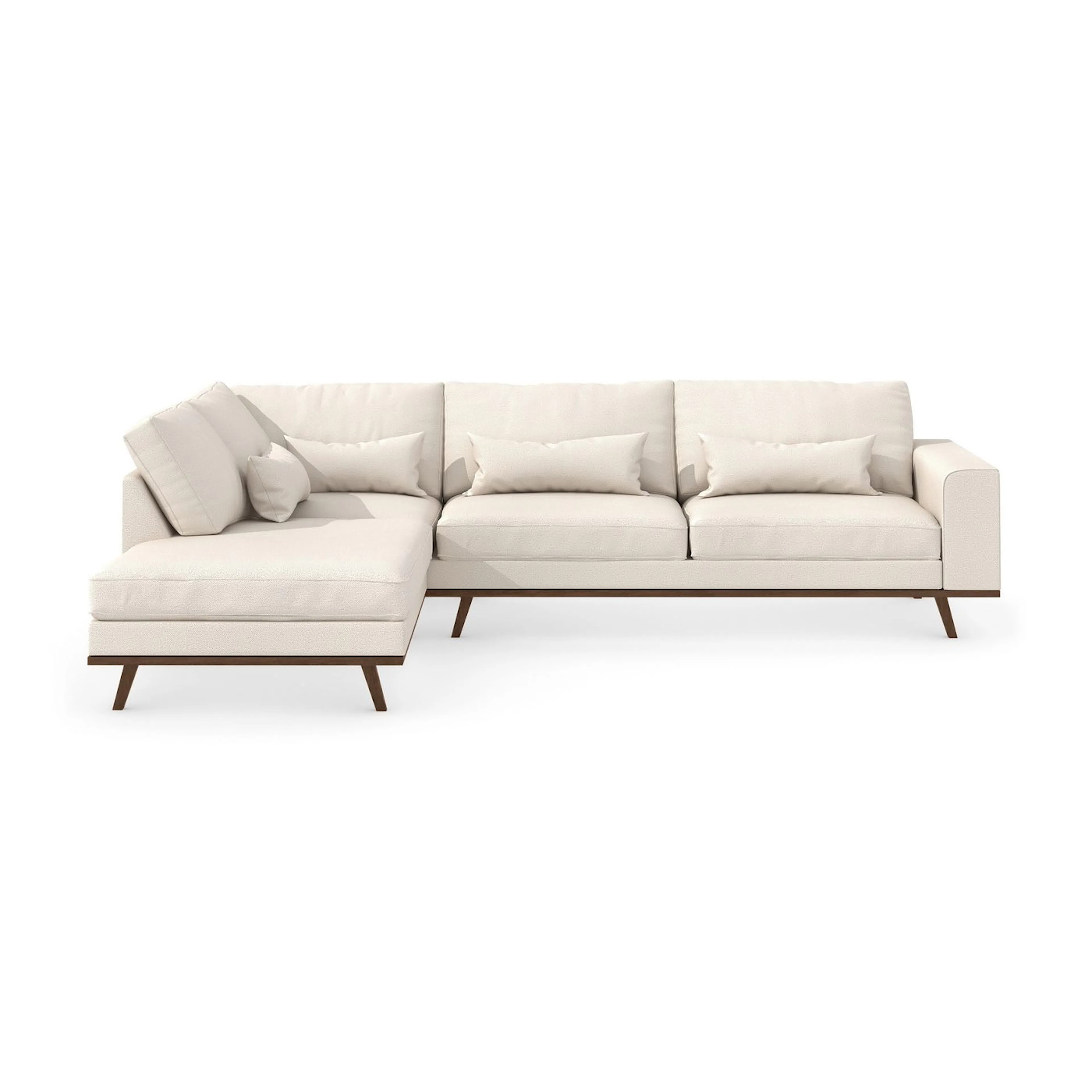 Schäslongsoffa Scandinavian Choice Copenhagen 4-sits Grand 1, Beige Tyg, Valnötsfinish, Vänstervändx