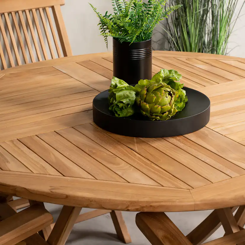 Matgrupp Venture Home Kenya Ø120 cm Teak med 4 Kenya Fällbara Stolar med Armstöd