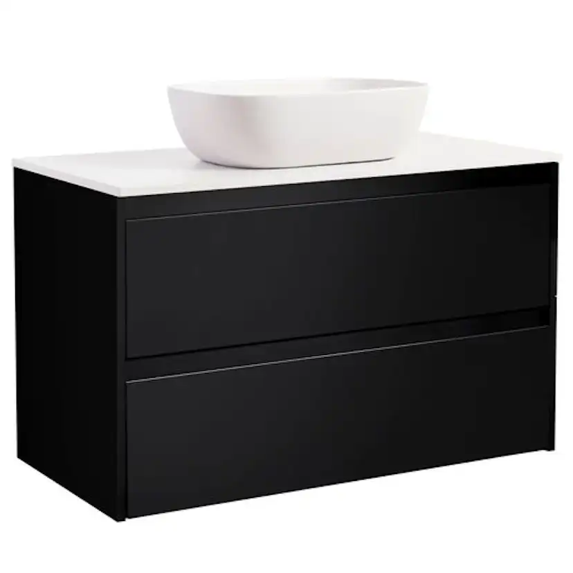 Luxor 90Sv. Bs Vit+Ts Rektvit Färg Tvättställsskåpet: Matt Svart, Färg Bänkskiva: Vit, Färg Tvättställ: Vit - B: 908 mm, H: 737 mm, D: 470 mm