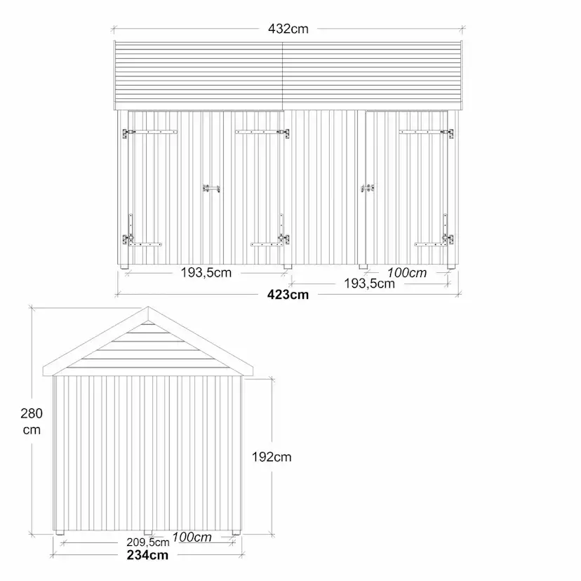 Classic Multi Trädgårdshus 10 m² - 2 moduler med enkel- och Utan takpapp, aluminiumslister och H-stolpfötter