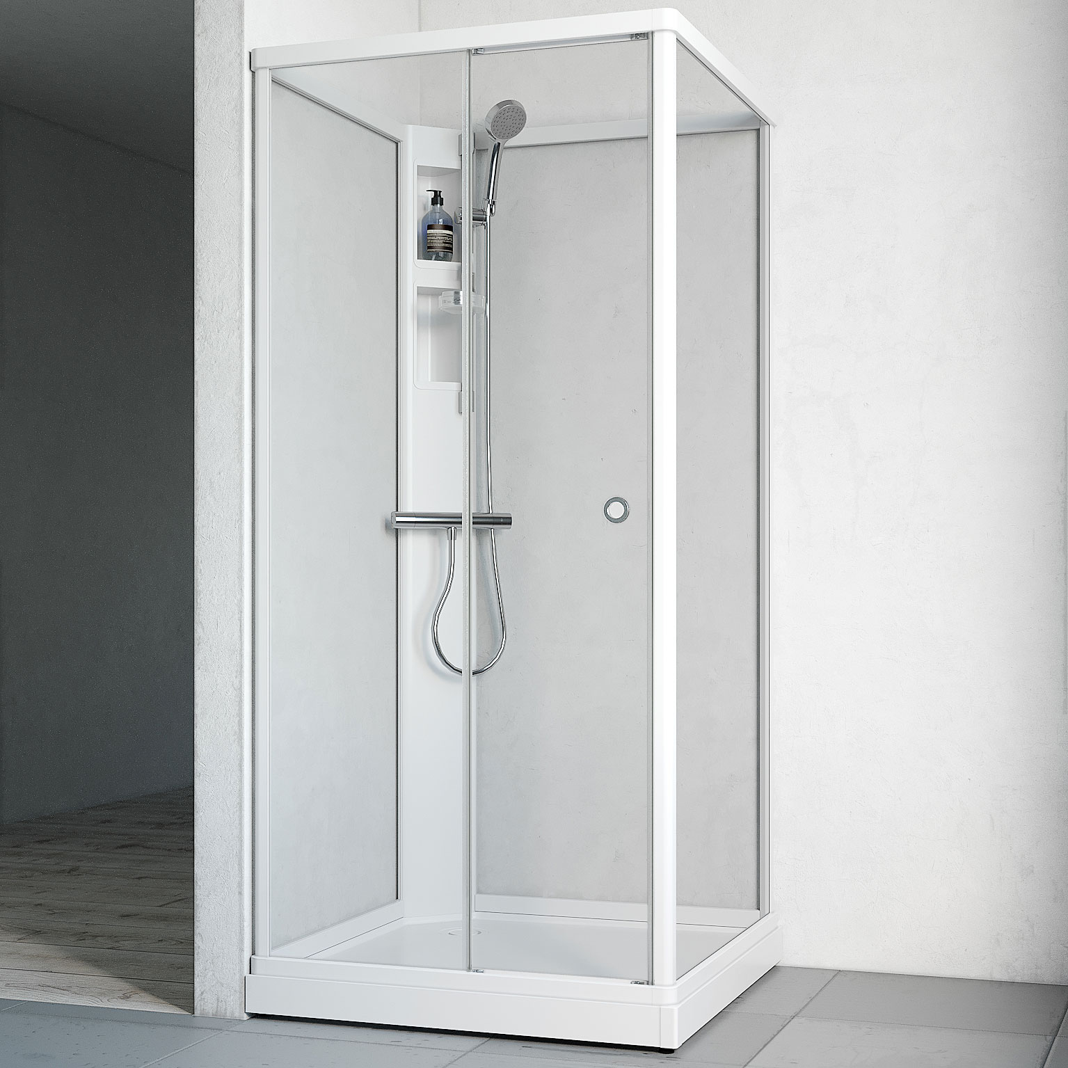 Flow kab Front InkBl 9x9 V KL 910x910 mm, Vit Profil, Klarglas