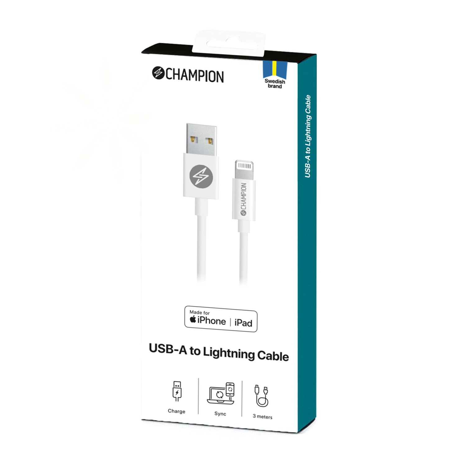 USB-A Champion till Lightning Kabel 3m Vit