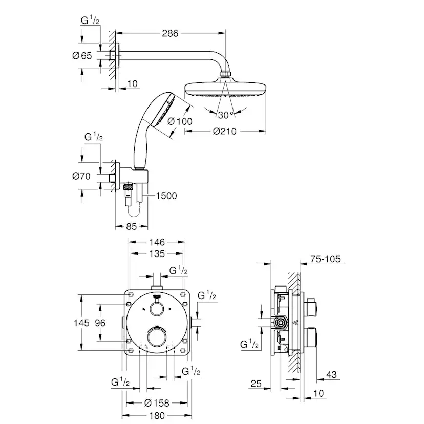 Takduschset Grohe Grohtherm Tempesta 210 34727 för Inbyggnad