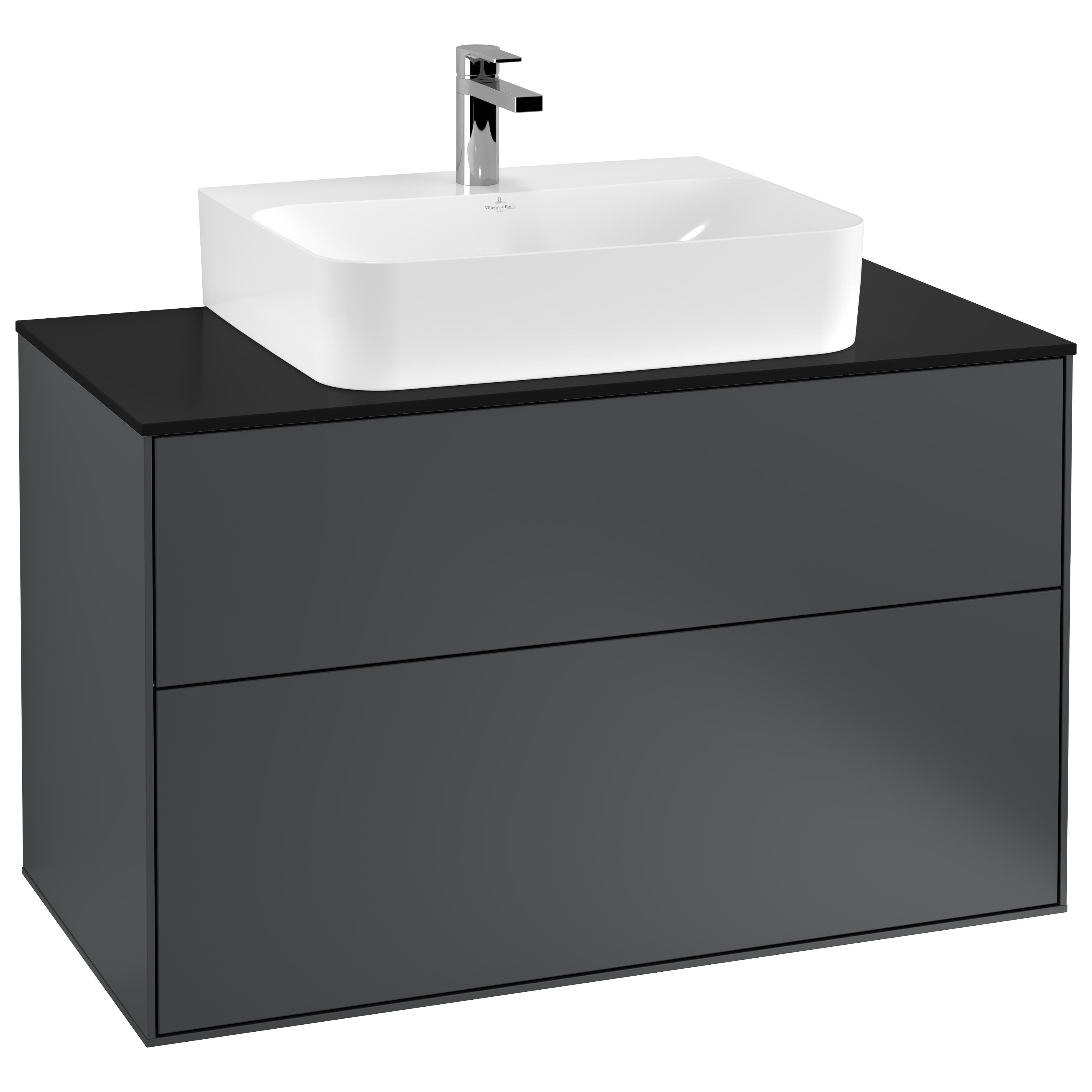 Tvättställsskåp Villeroy & Boch Finion F10200HG Midnattsblå Mattlack, B: 1000 mm med bänkskiva i Mattsvart glas