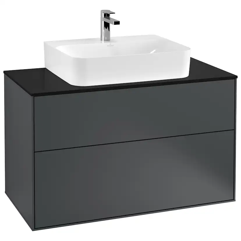 Tvättställsskåp Villeroy & Boch Finion F10200HG Midnattsblå Mattlack, B: 1000 mm med bänkskiva i Mattsvart glas