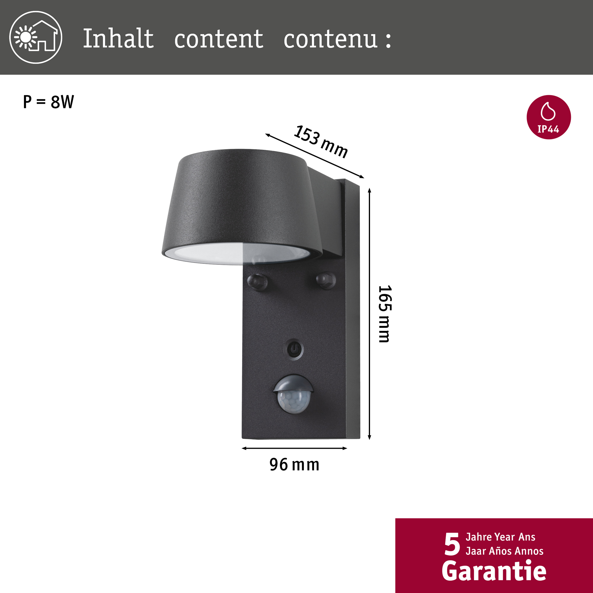 Fasadbelysning LED Paulmann Capea IP44 230V Design: med Skymningsstyrd Rörelsedetektor, Ljus: Gold Light (insektsvänlig)