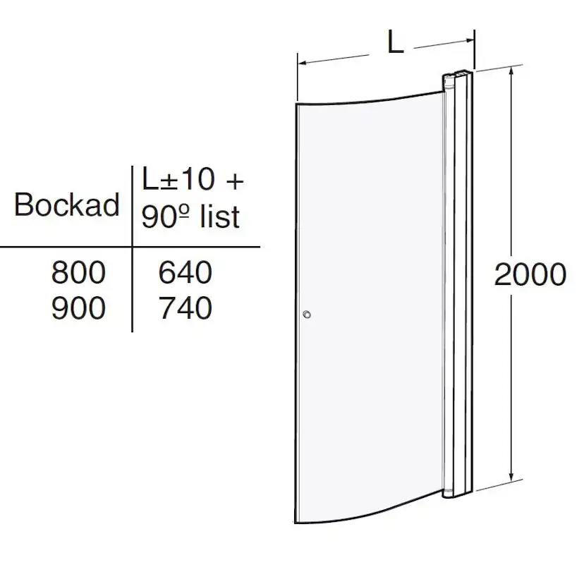 Duschdörr Contura Shower Space SBNF Bockad med Knopp 900 mm BxH:740x2000