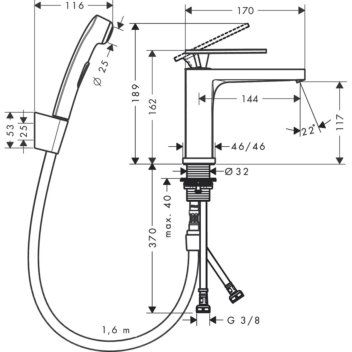 Tvättställsblandare Hansgrohe Tecturis E 110 med Bidettehanddusch och Duschslang