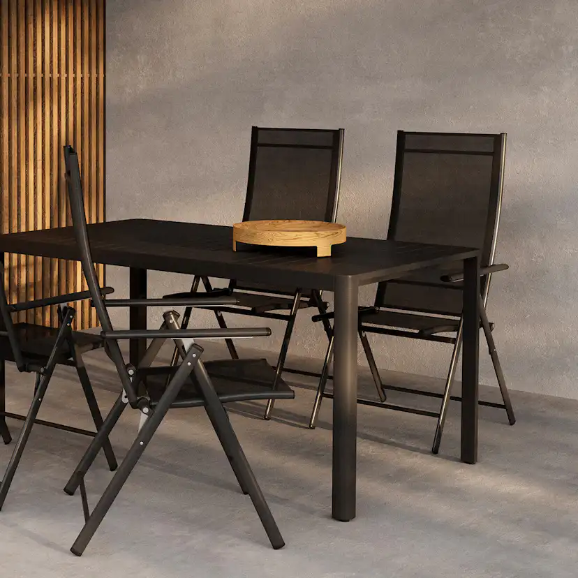 Trädgårdsmatgrupp Venture Home Giardini Rektangulärt Matbord 150x85x72 Svart med 4 st Levanzo Trädgårdsstolar Svart