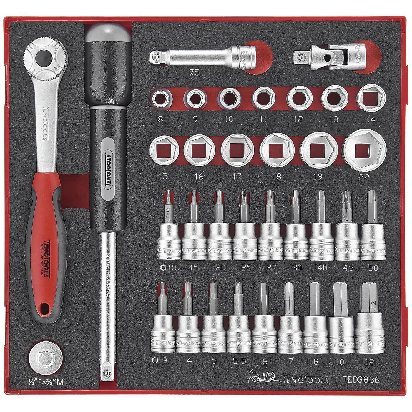 Hylsnyckelsats 36 delar med 3/8 tum fyrkantsfäste Teng Tools TED3836