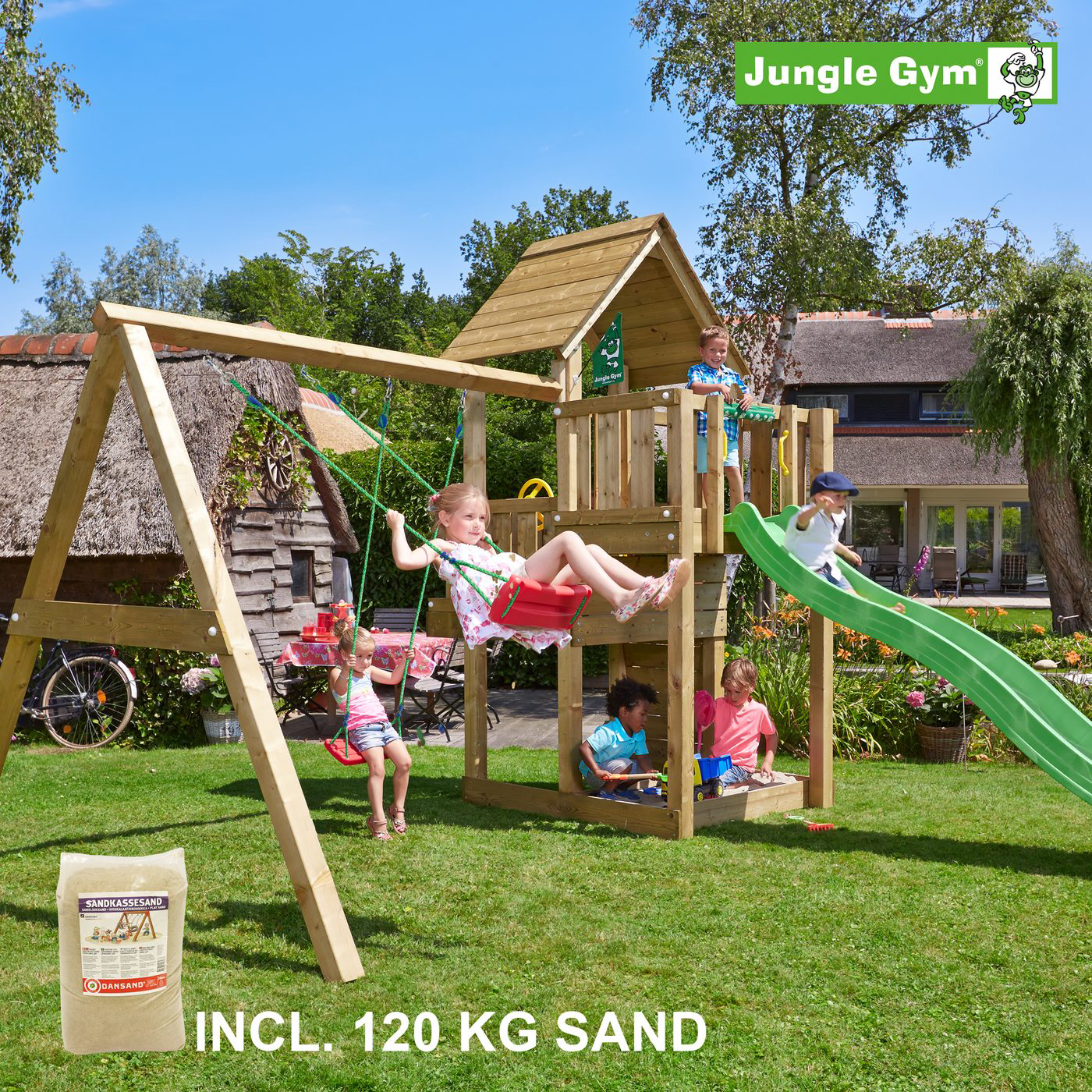 Lektorn Jungle Gym Cubby Komplett Inkl Swing Modul X'tra, 120 kg Sand och Rutschkana