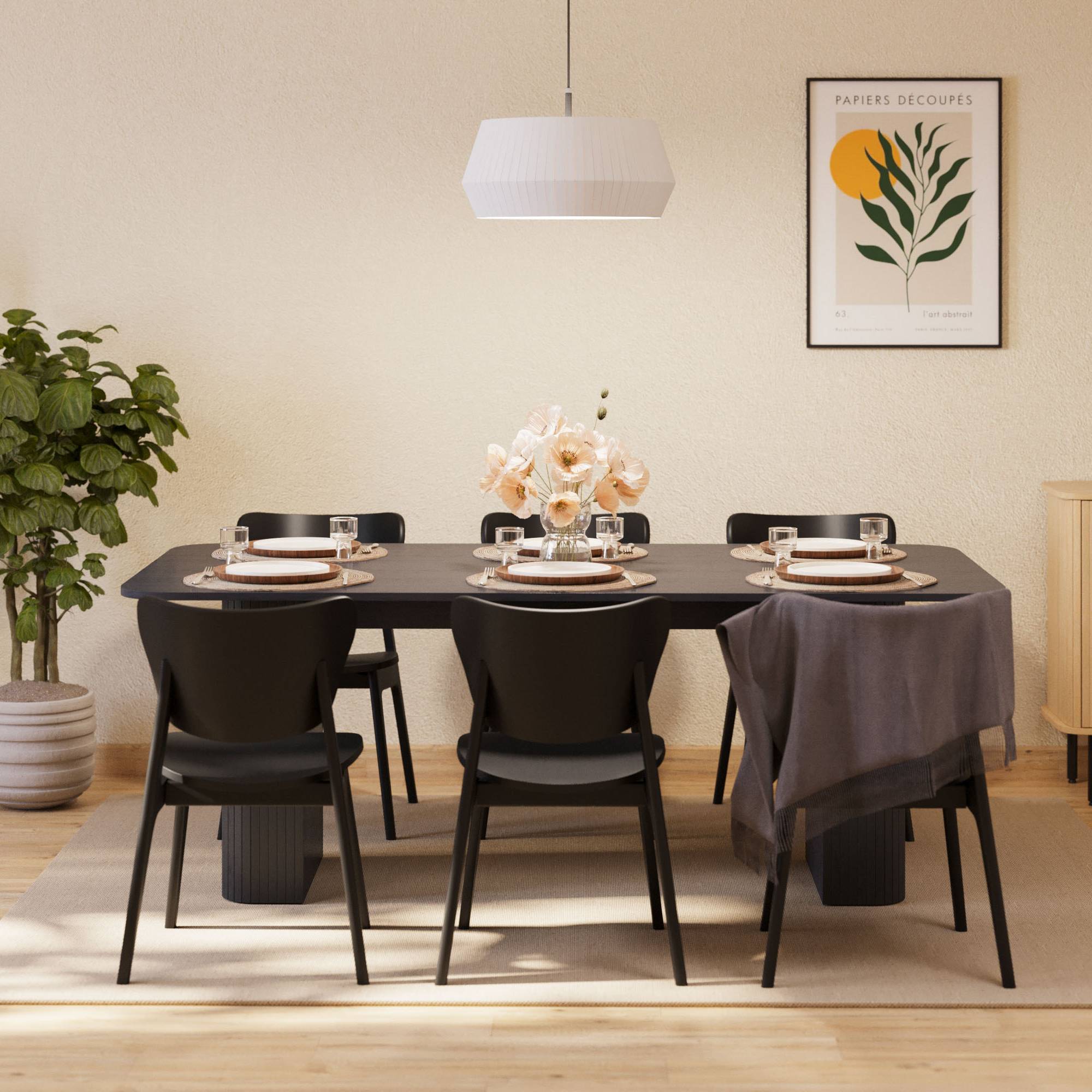 Matgrupp Bark Kopparbo Rektangulärt Matbord 200-260 cm Förlängningsbartt med 6 Jerup Matstol