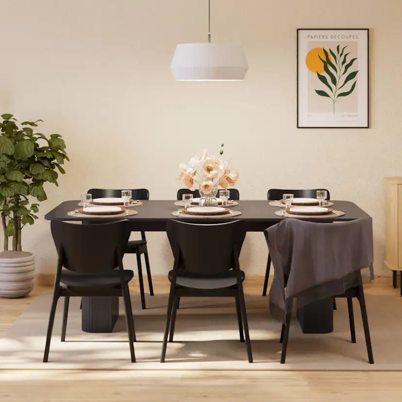 Matgrupp Bark Kopparbo Rektangulärt Matbord 200-260 cm Förlängningsbartt med 6 Jerup Matstol