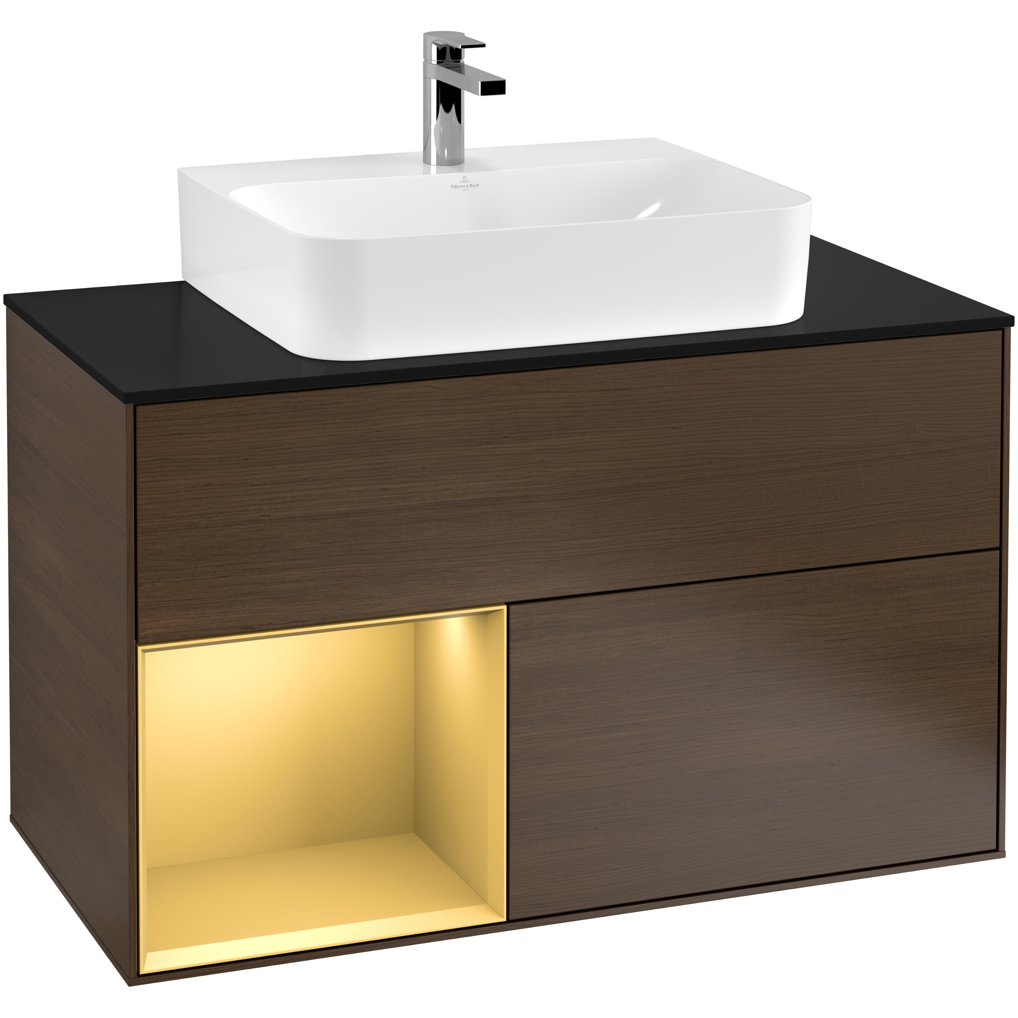 Tvättställsskåp Villeroy & Boch Finion G112HFGN Valnötsfanér/Guld Mattlack med bänkskiva i Mattsvart glas med Väggbelysning, Lucka Vänster