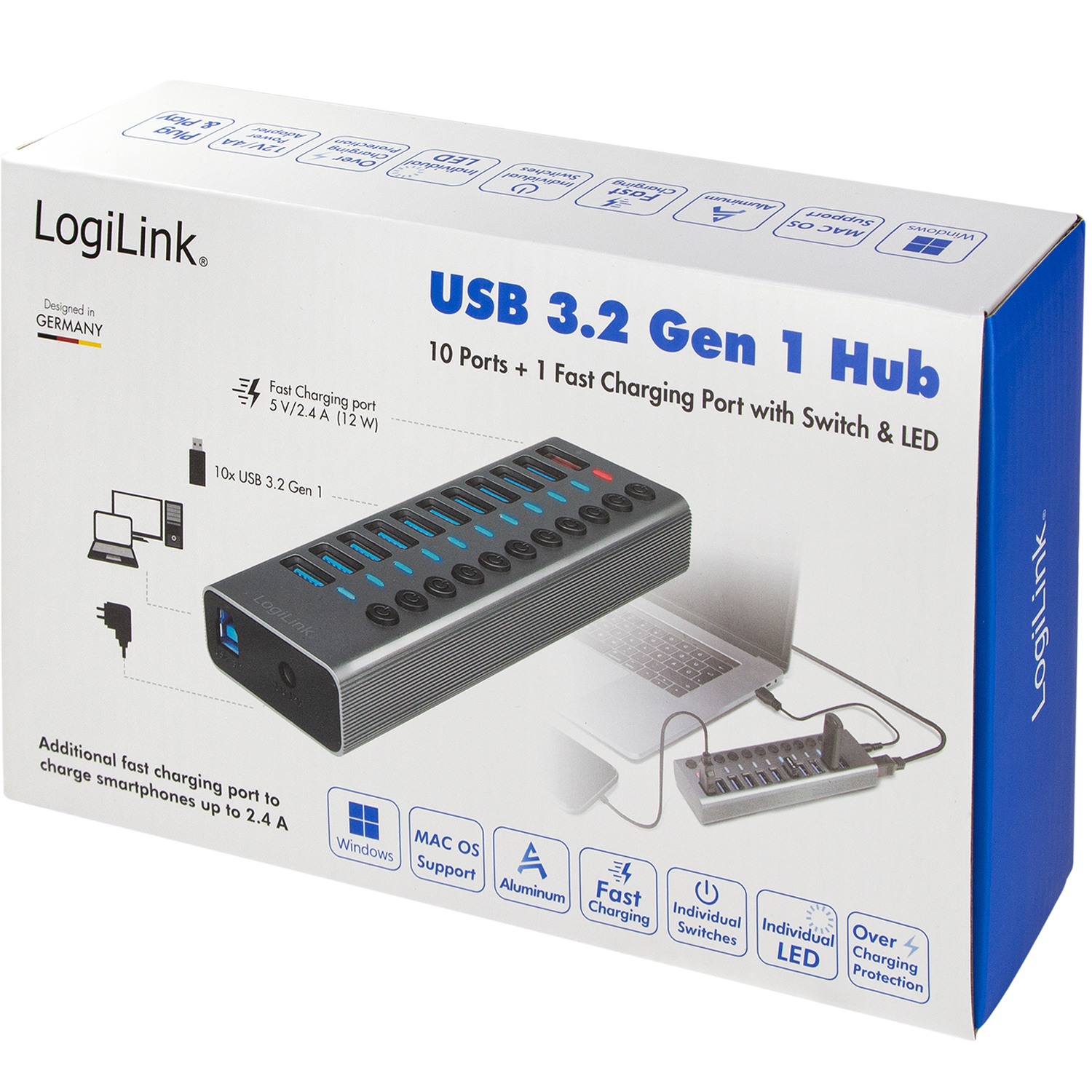 USB-hub LogiLink 10+1-port med Separata På/Av-knappar USB 3.2 Gen 1