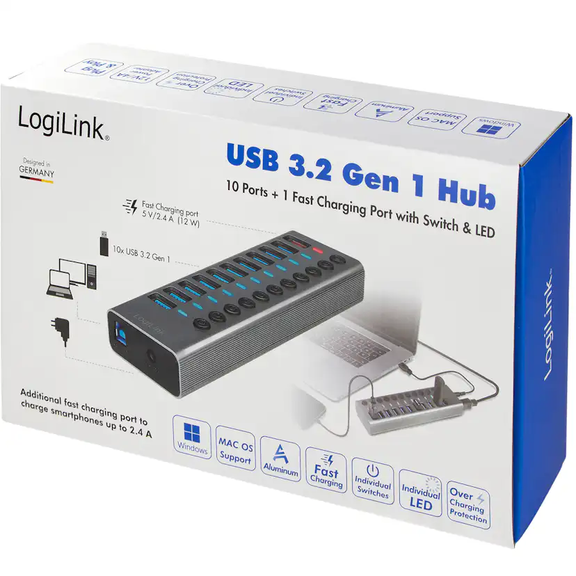 USB-hub LogiLink 10+1-port med Separata På/Av-knappar USB 3.2 Gen 1