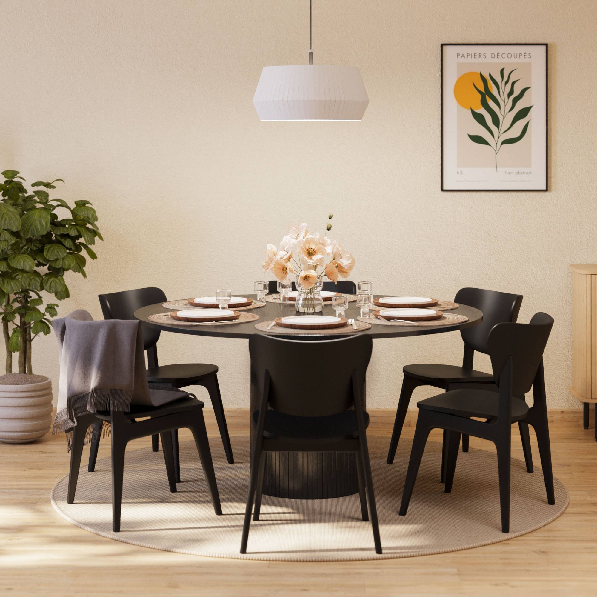 Matgrupp Bark Kopparbo Runt Matbord 150 cm med 6Jerup Matstol Svart