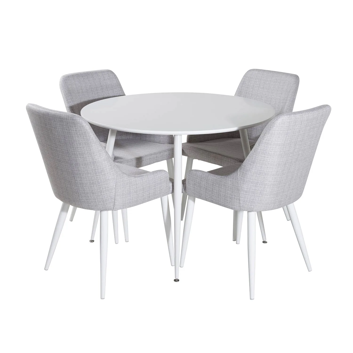 Plaza Round Table -White top /Plaza chair-Light grå Fabric_4 Vitt Bord med Vita Ben, Ljusgrå Stol med Vita Ben