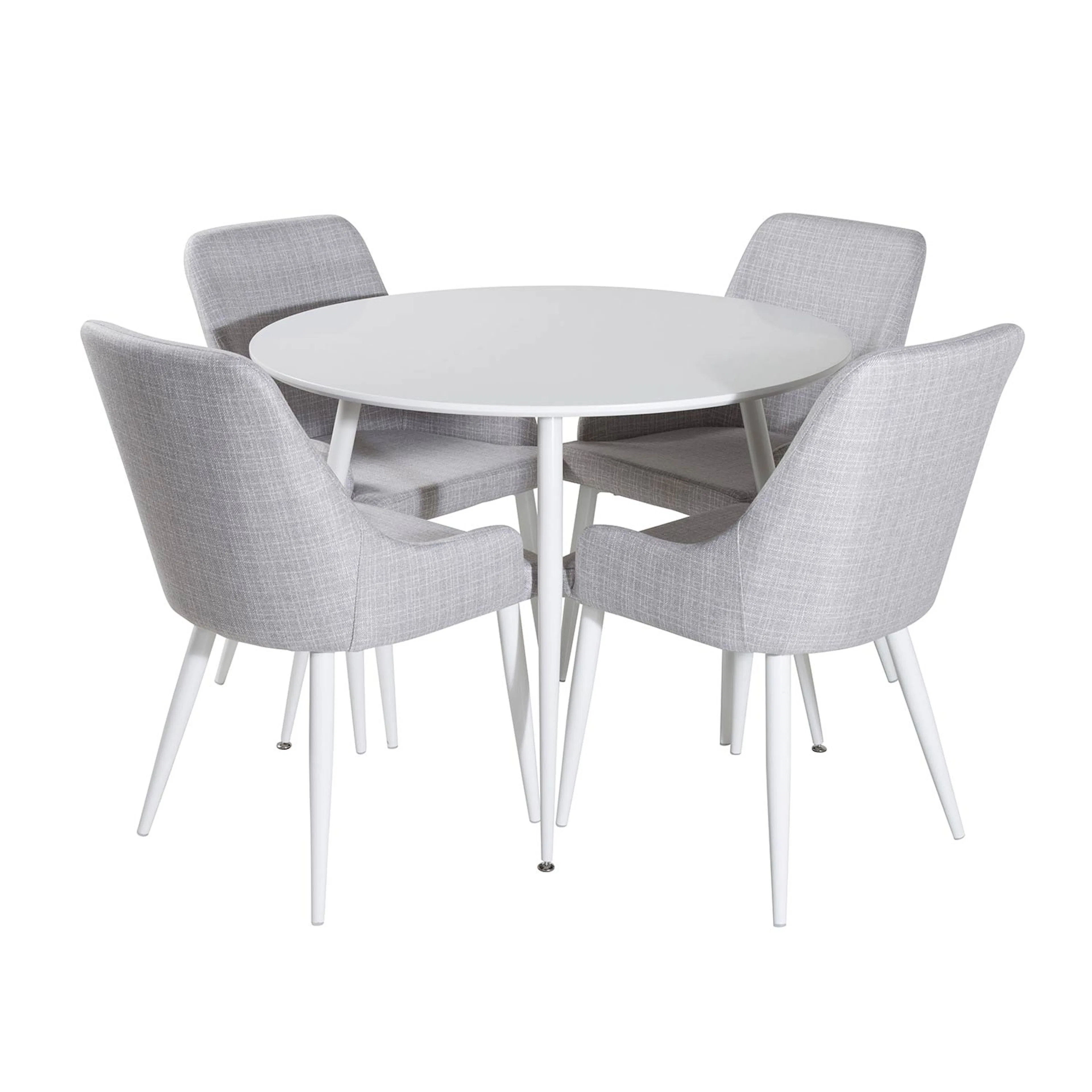 Plaza Round Table -White top /Plaza chair-Light grå Fabric_4 Vitt Bord med Vita Ben, Ljusgrå Stol med Vita Ben