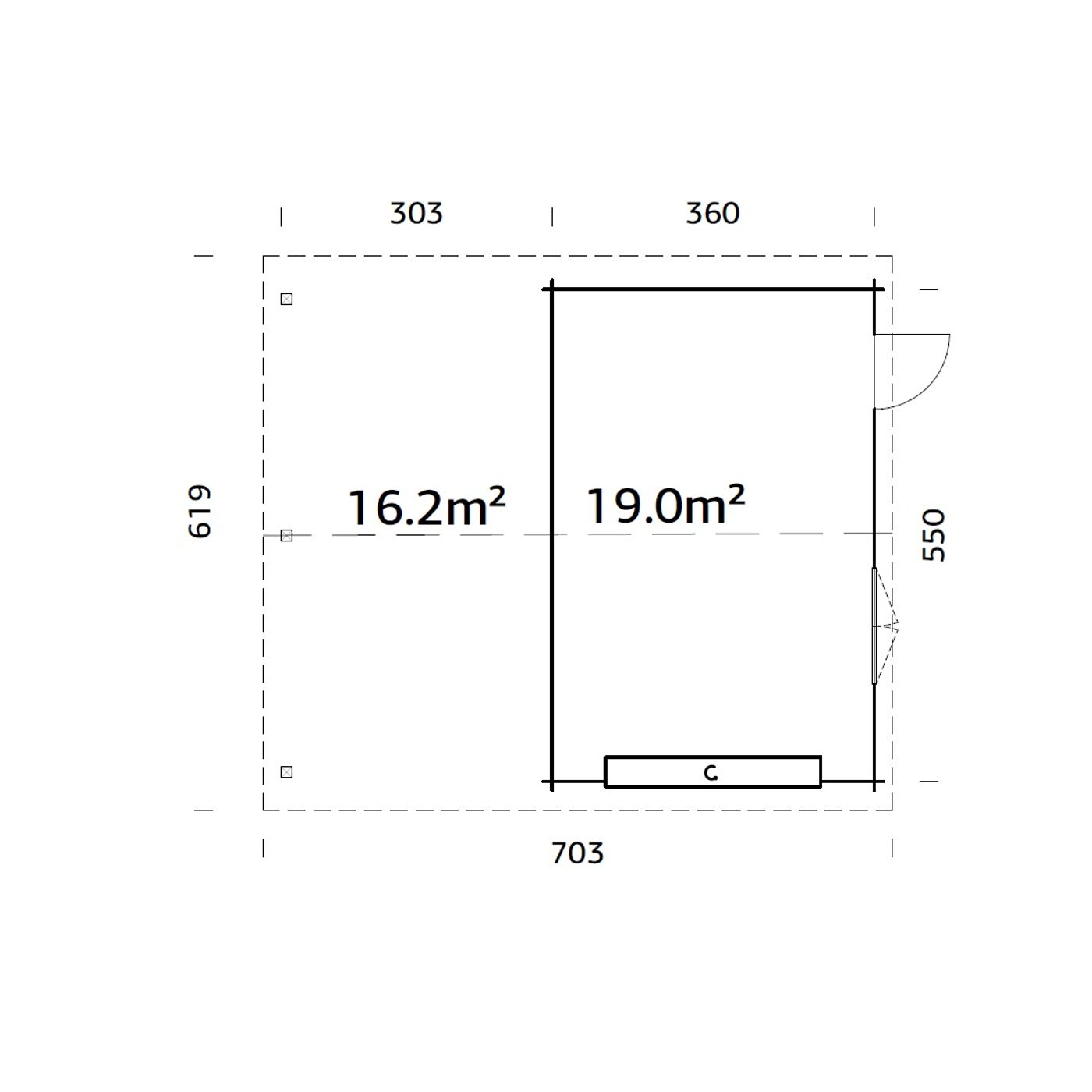 Roger 19,0+16,2 m2 with sectional door GYDIP Impregnerad grå