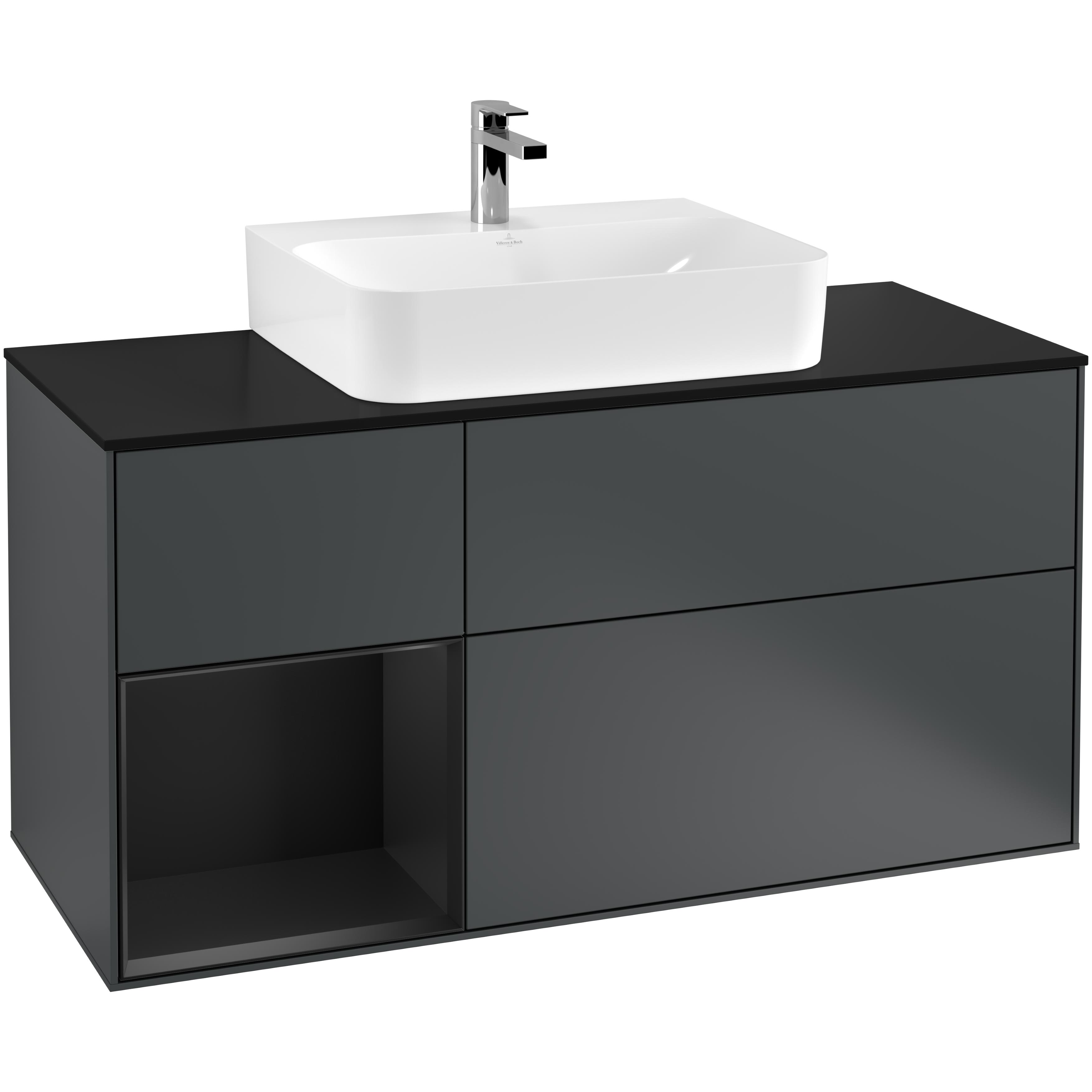 Tvättställsskåp Villeroy & Boch Finion F162PDHG Midnattsblå Mattlack/Svart Mattlack med bänkskiva i Mattsvart glas, Lucka Vänster